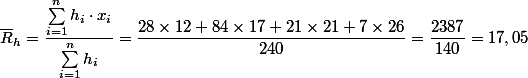 \overline{R}_h = \dfrac{\sum\limits_{i=1}^{n} h_i \cdot x_i}{\sum_{i=1}^{n} h_i} = \dfrac{28\times 12 + 84 \times 17 + 21\times 21 + 7\times 26}{240} = \dfrac{2387}{140} = 17,05